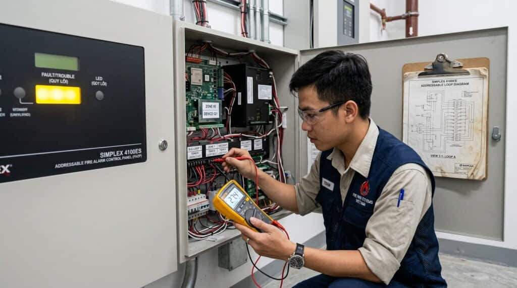 Kiểm tra mã lỗi trên bảng điều khiển trung tâm báo cháy