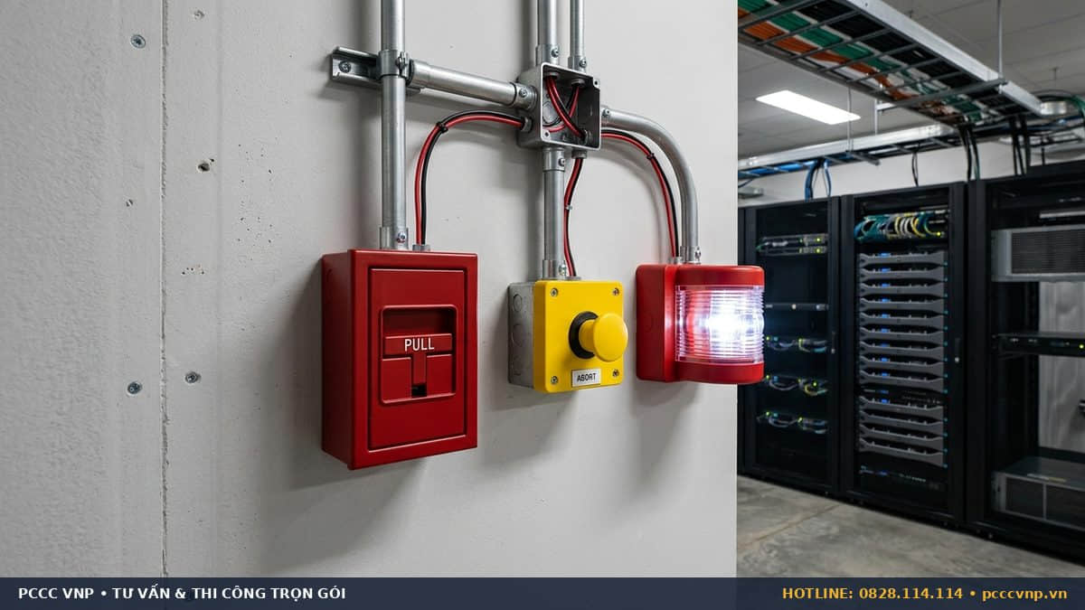 Nút nhấn xả khí khẩn cấp và nút trì hoãn abort switch chữa cháy khí
