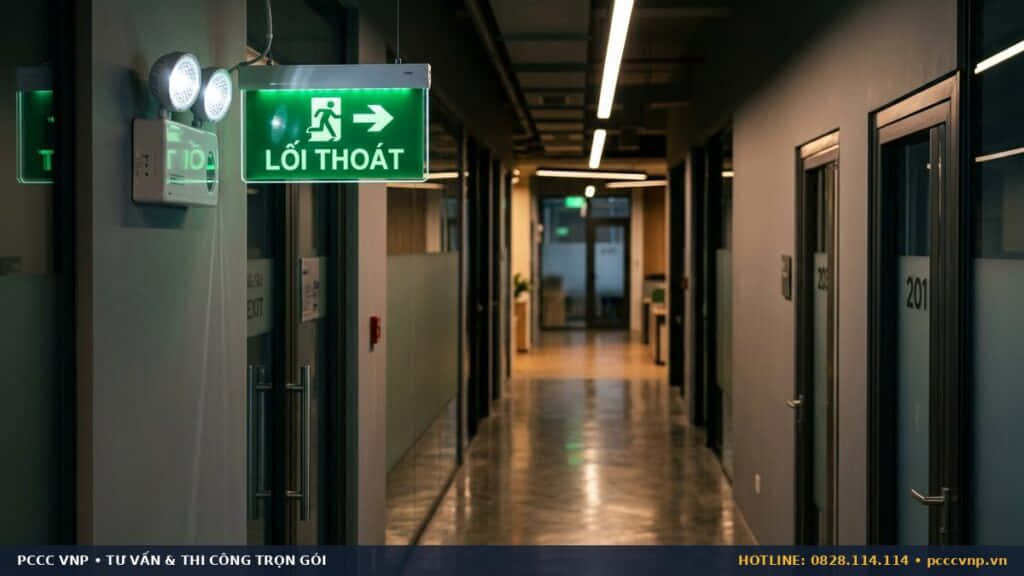 Lắp đặt đèn exit và chiếu sáng sự cố theo tiêu chuẩn hiện hành