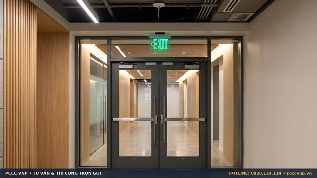 Lắp đặt đèn exit và chiếu sáng sự cố theo tiêu chuẩn hiện hành Đèn exit thoát nạn dạ quang LED xanh gắn trên cửa thoát hiểm