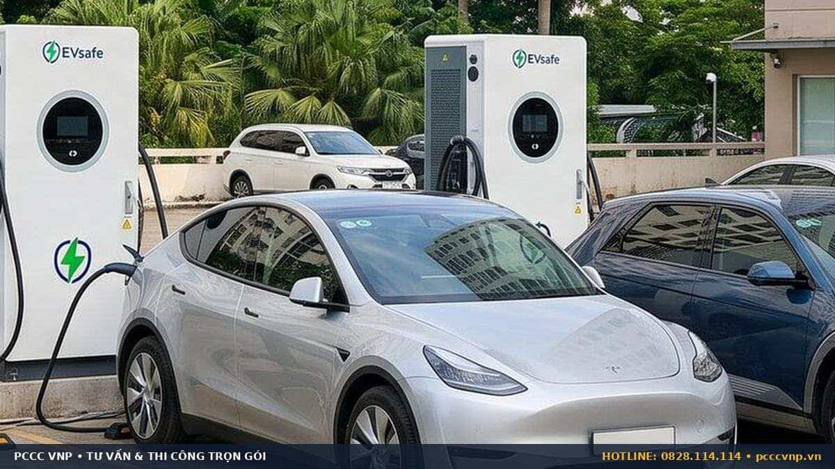 Ô tô điện kết nối trụ sạc tại điểm sạc thực tế